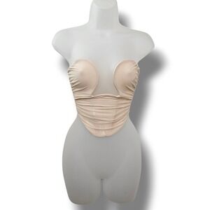 Bershka Ruched Mesh Corset Top Strapless Boned Zip Up Beige S